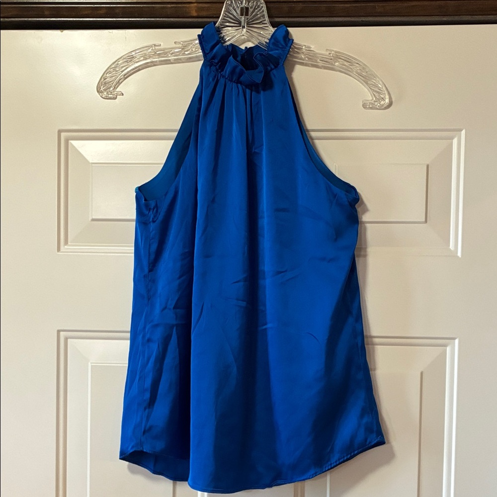 NWT Size 00 WHBM Lapis Blue Sleeveless Ruffle Neck Halter Blouse (ABBA)